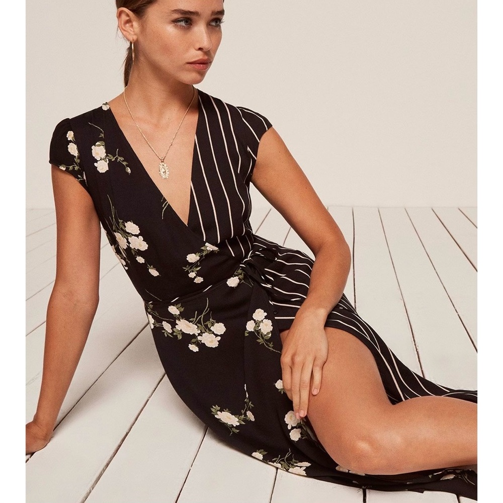 Reformation Black Sabrina Floral Striped Wrap Dress XS - Picture 2 of 10